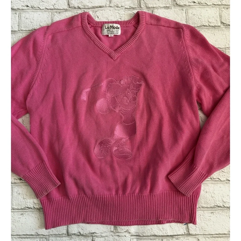 Vintage La Mode Embroidered ‎ Sweater Golf Pink Mickey Mouse golf  Size Large